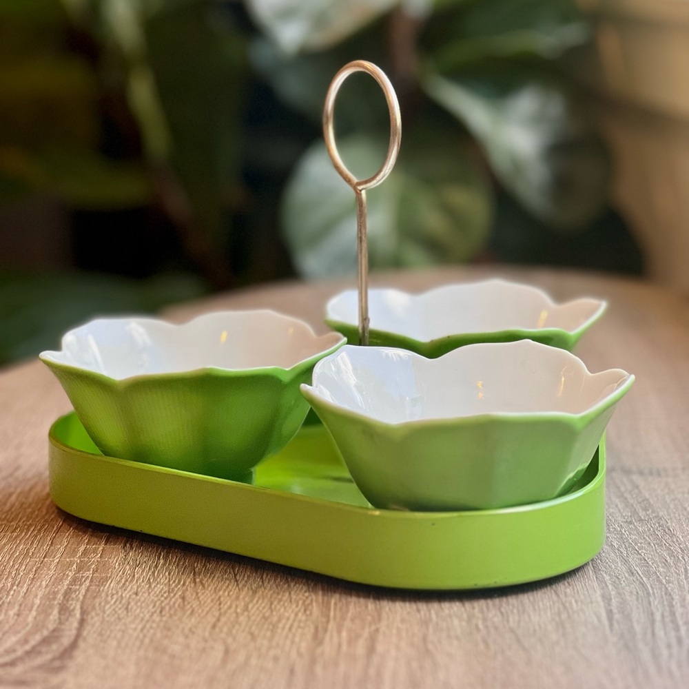 Vintage MCM snack relish candy nut tray with Japanese lotus rice bowls